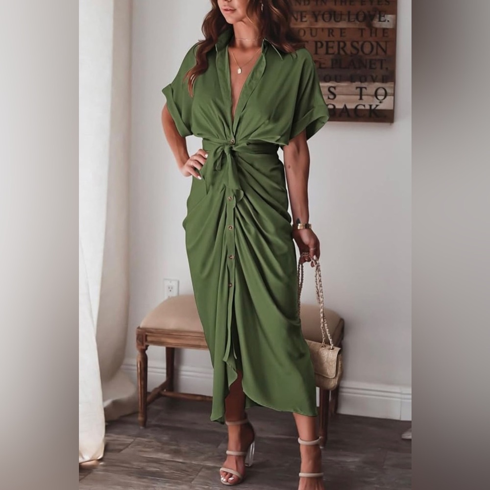 NEW Women Elegant Satin Button Down Short Sleeve Maxi Shirt Dress with Belt - Picture 2 of 9